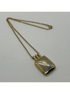 Vintage Gold & Silver-Tone Necklace Rectangle Pendant Chain Modernist  Mix Metal